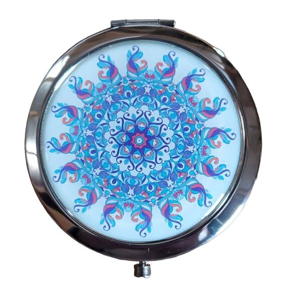 Mirror compact boho tribal design white blue - Picture 1 of 5